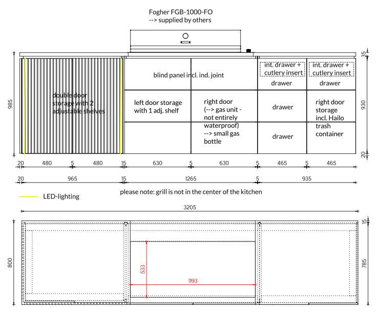 Front elevation and layout drawing